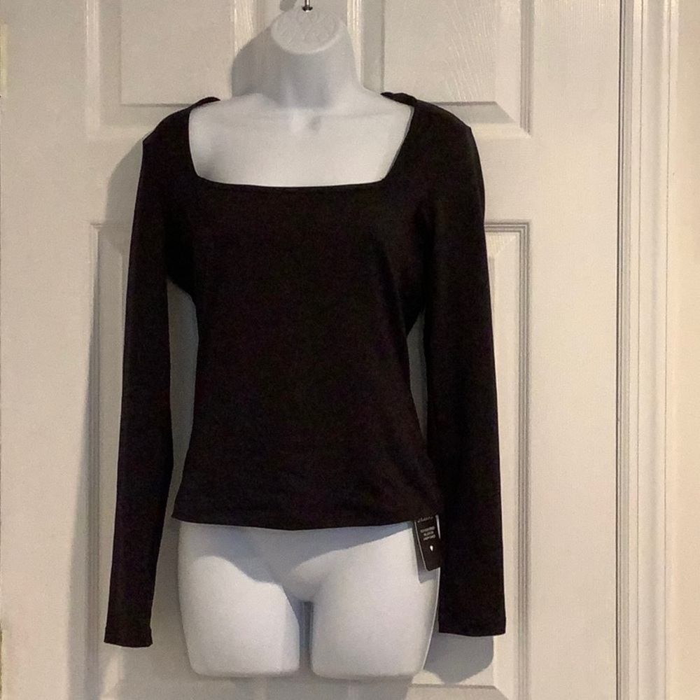 NWT ENERFUL Classic Square Neck Stretch Minimalist Capsule Black Fall Top M